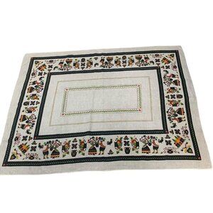Vintage Folk Art Table Cloth Dutch Couple Linen Rectangle Tan 64 in x 50 in